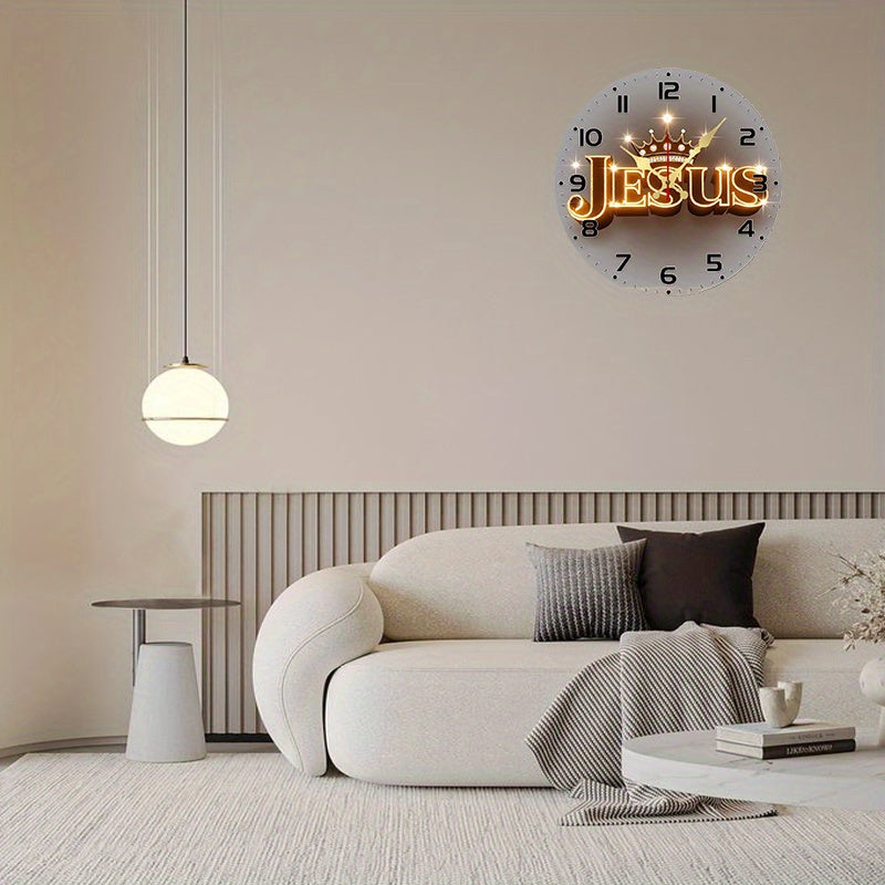 2D Flat, 10-Inch Silent Wall Clock with Golden Crown Design - Round Wooden Frameless Clock, Battery Operated (AA Batteries Not Included) - Suitable for Living Room, Bedroom, Kitchen, Home And Office Decoration - Aesthetic Religious Gift