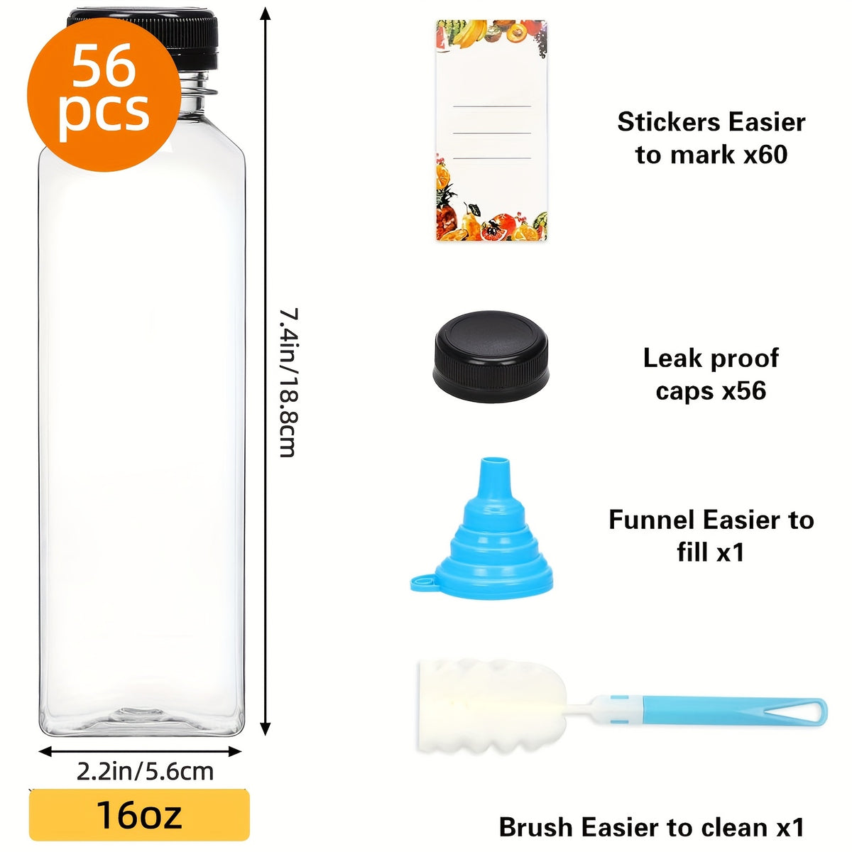 20pcs/36pcs/56pcs/100pcs Juice Bottles, 12/16oz Plastic Bottles With Lids, Reusable Clear Containers For Juice, Smoothies, Cola, Water And Other Beverages, Summer. Funnel & Brush (Color Random).
