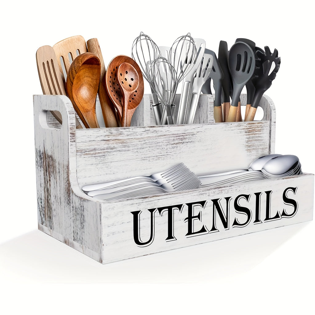 Extra Large Kitchen Utensil Organizer with 4 Compartments, White Wooden Kitchen Utensil Organizer for Kitchen Countertops, Farmhouse Utensil Storage, Rustic Cooking Utensils - White.