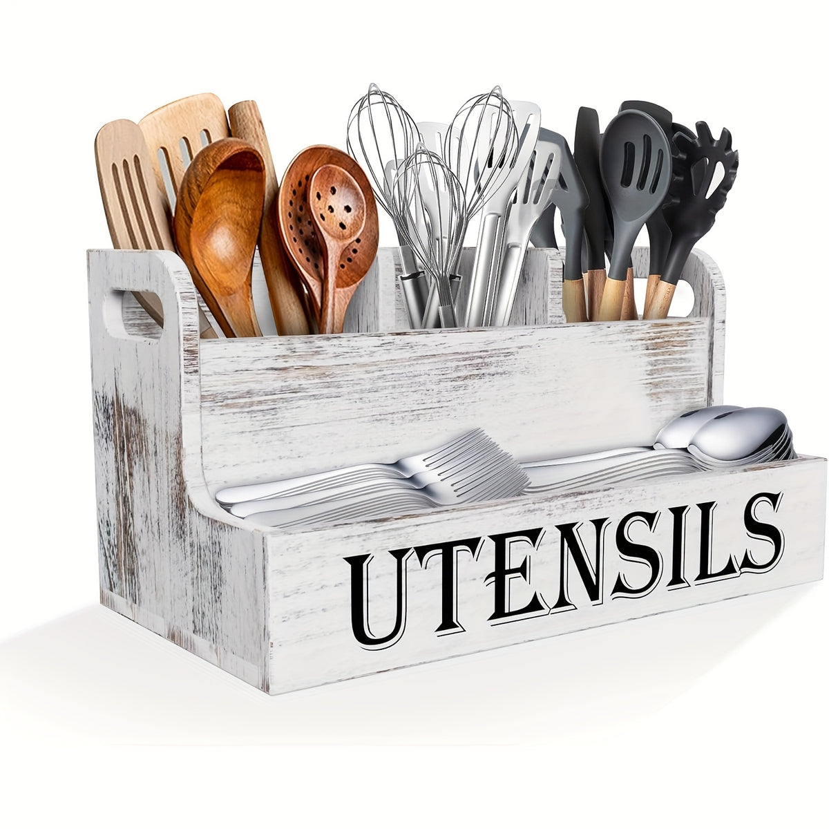 Extra Large Kitchen Utensil Organizer with 4 Compartments, White Wooden Kitchen Utensil Organizer for Kitchen Countertops, Farmhouse Utensil Storage, Rustic Cooking Utensils - White.