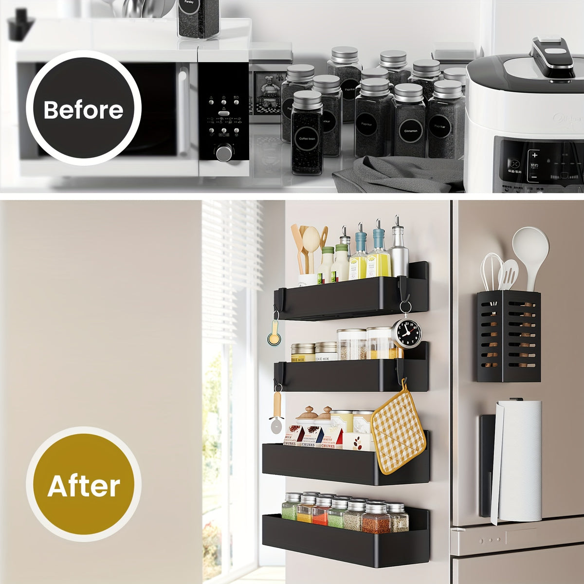 5/6pcs Multifunctional Magnetic Refrigerator Spice Organizer Set, Magnetic Kitchen Paper Towel Holder, Magnetic Refrigerator Kitchen Utensil Organizer with Four Hooks, Space Saving Design, Hole-Free Design, Kitchen Accessories, Home Decoration, Utility Sh
