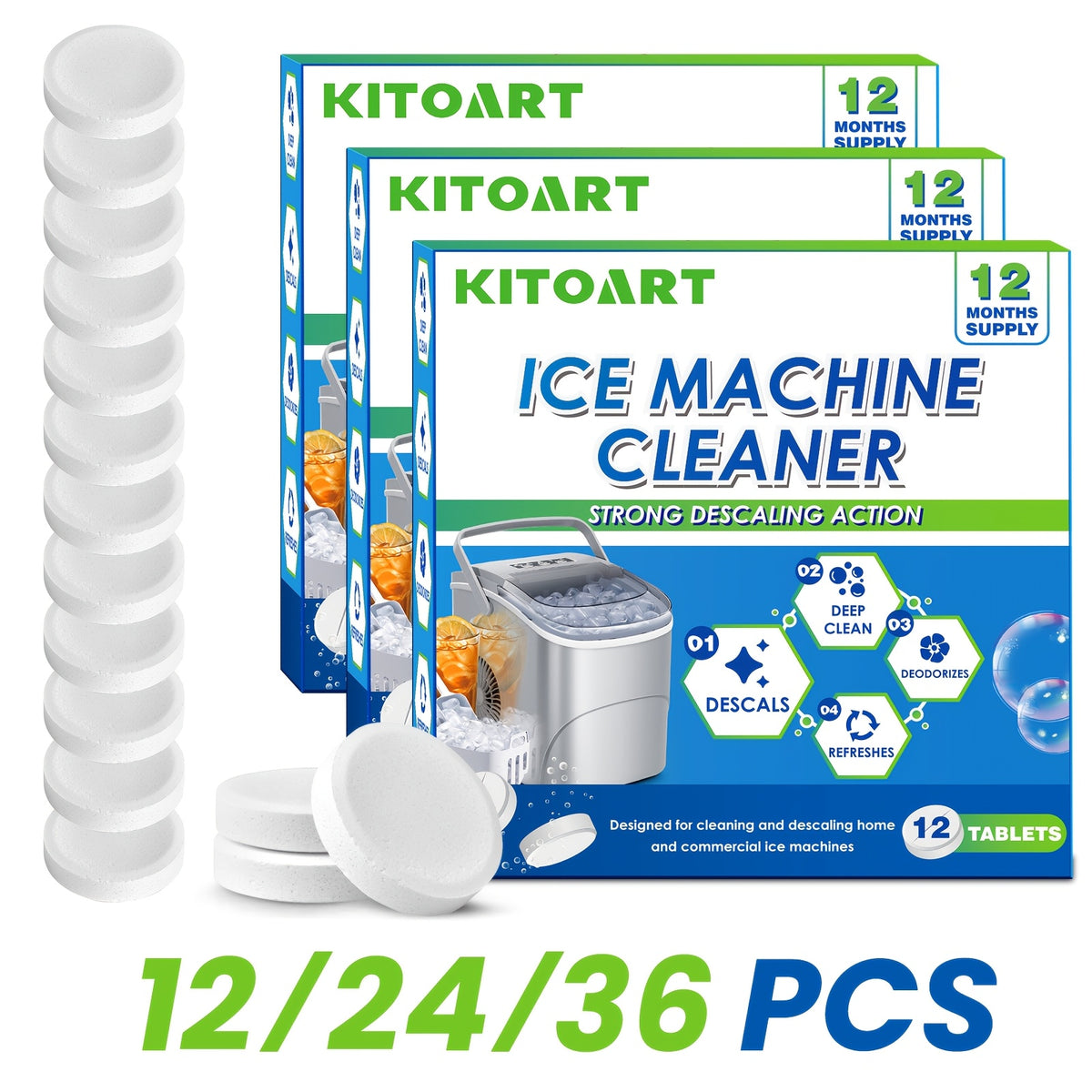 12 Ice Maker Cleaning Tablets - Gentle Formula for Deep Cleaning, Deodorizing & Scaling, Safe & Non-Toxic, No Residue, Sodium Chloride Formula, Compatible with All Ice Machines, 12pcs/24pcs/36pcs Three Specifications Are Available