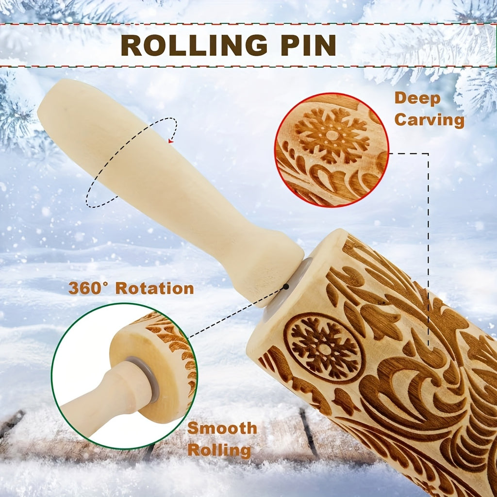 1pc Wooden Rolling Pin with Christmas Snowflake Pattern - Engraved Embossed Cookie Cutters, Ideal for Baking and Kitchen Decor, Perfect Gift for Birthdays, Holidays, and Moving, Festive Kitchen Tool|Decorative Rolling Pin|Durable Rolling Pin