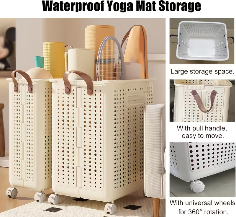 Rolling Foldable Laundry Basket, Plastic Wheeled Hamper in Large or Extra Large with Cream and White Options for Small Apartments and Bathroom Storage