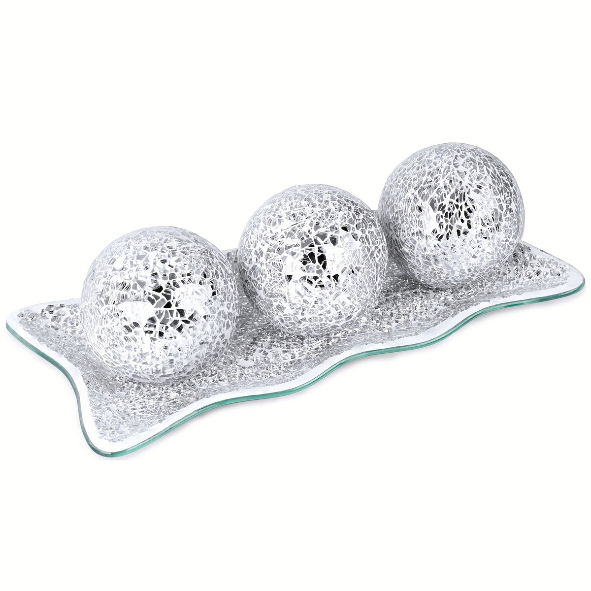 Decorative Balls for Bowls, 3 Decorative Glass Balls And 1 Glass Tray 3-Inch Centerpiece Table Decorations Bowl Fillers for Home Decor, Living Room, Dining, Coffee Table Decor (Silver/Turquoise/Black)