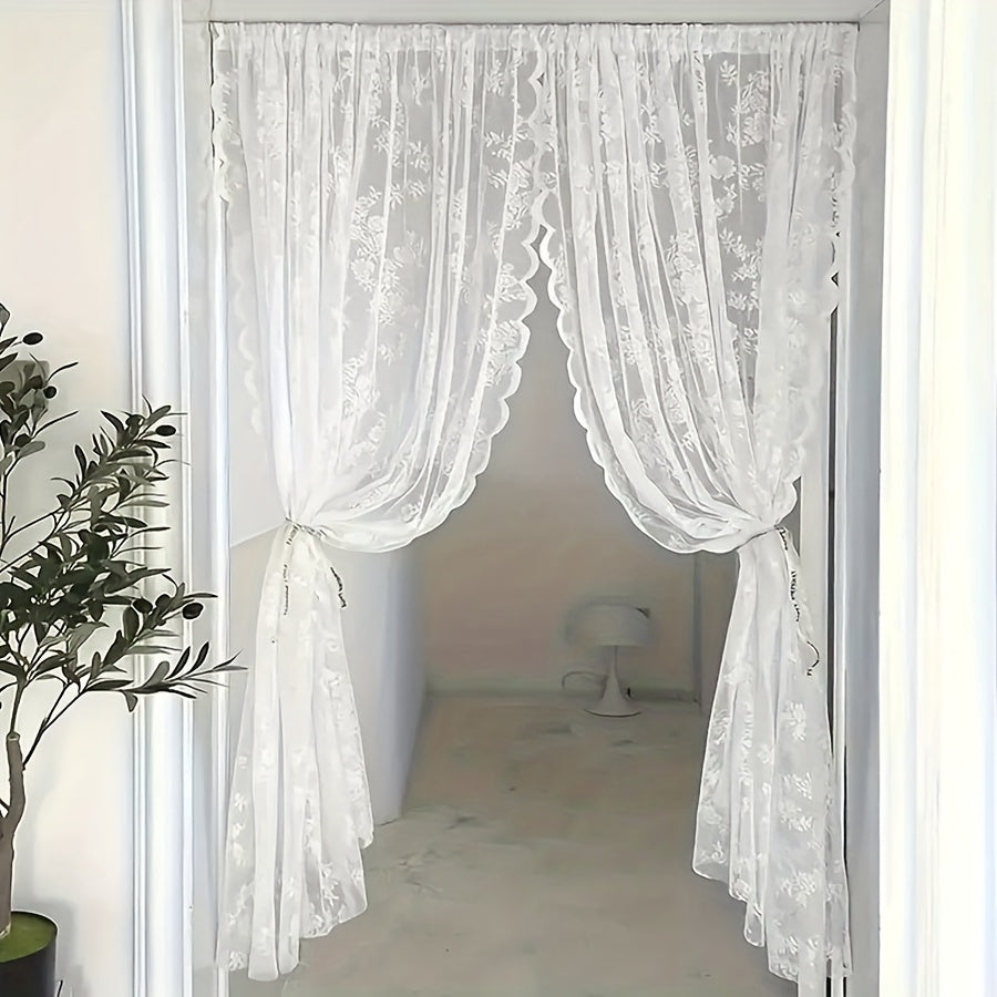 1pc White Lace Door Curtain with Wave Edge, Semi-Sheer Polyester Rod Pocket Curtain for Home And Outdoor Use, Vintage Style with Floral Pattern, Semi-Sheer Curtains | Vintage Curtain Design | Embroidered Detailing