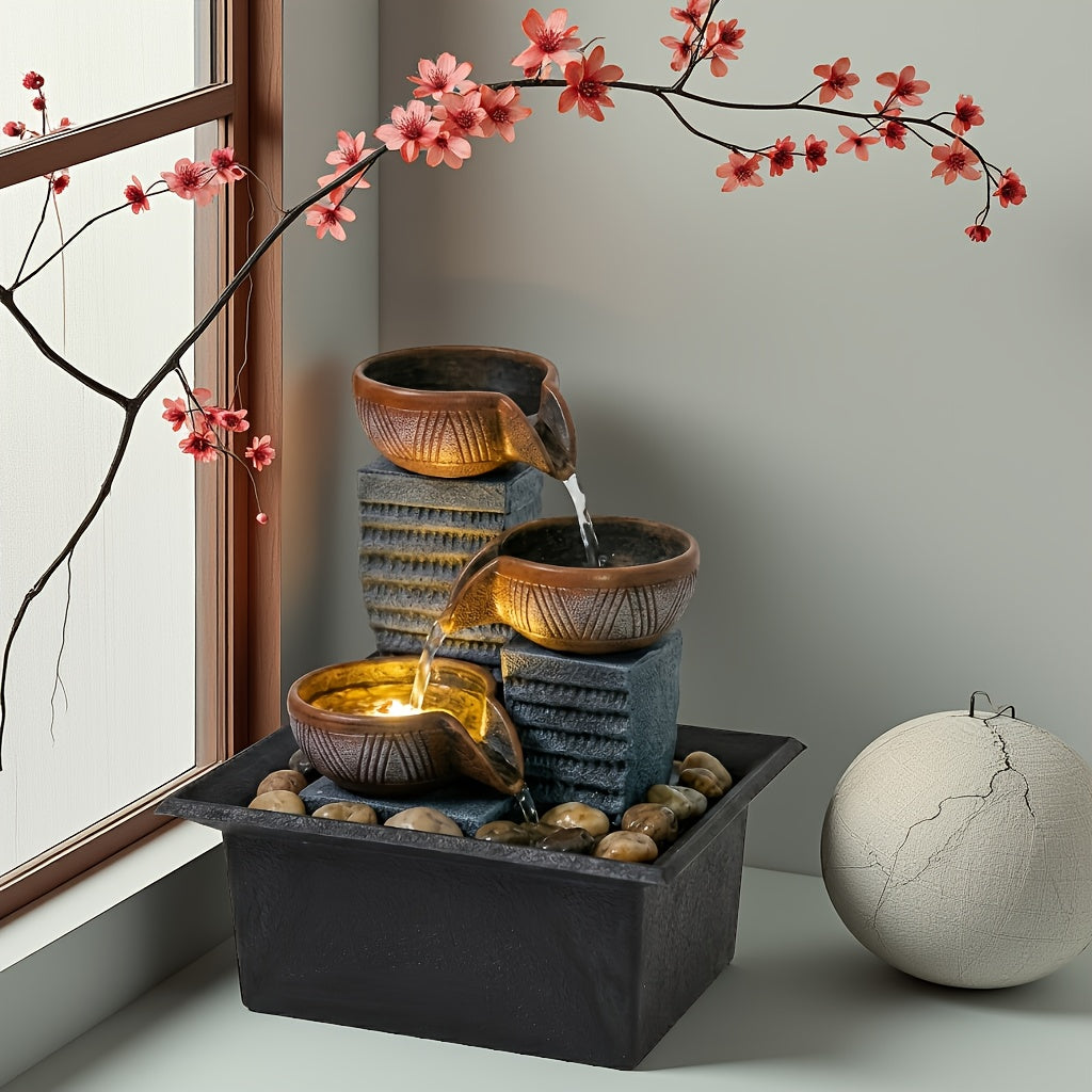New Desktop Fountain, 4-Level Desktop Waterfall, Meditation Fountain, Indoor Fountain, Office And Home Relaxation, Desktop Fountain Pool, LED Lights, Fixed Decorative Bubble Balls (With Natural River Stone Decoration Included)
