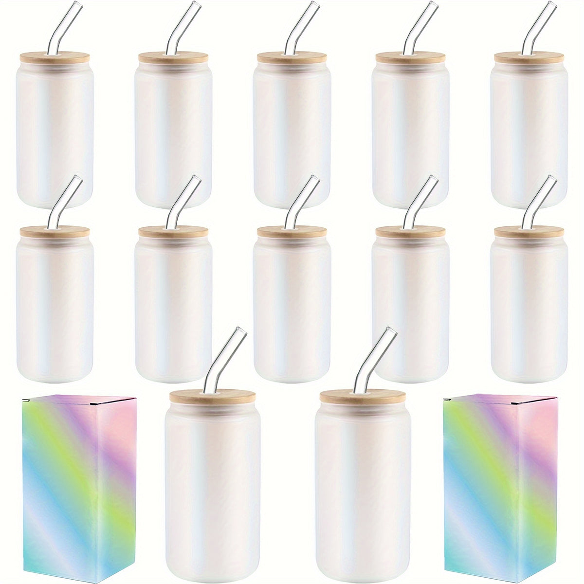 12Pack Sublimation Frosted/ Clear Glass Cups with Bamboo Lid 16oz Glasses Tumbler with Straw and Brush