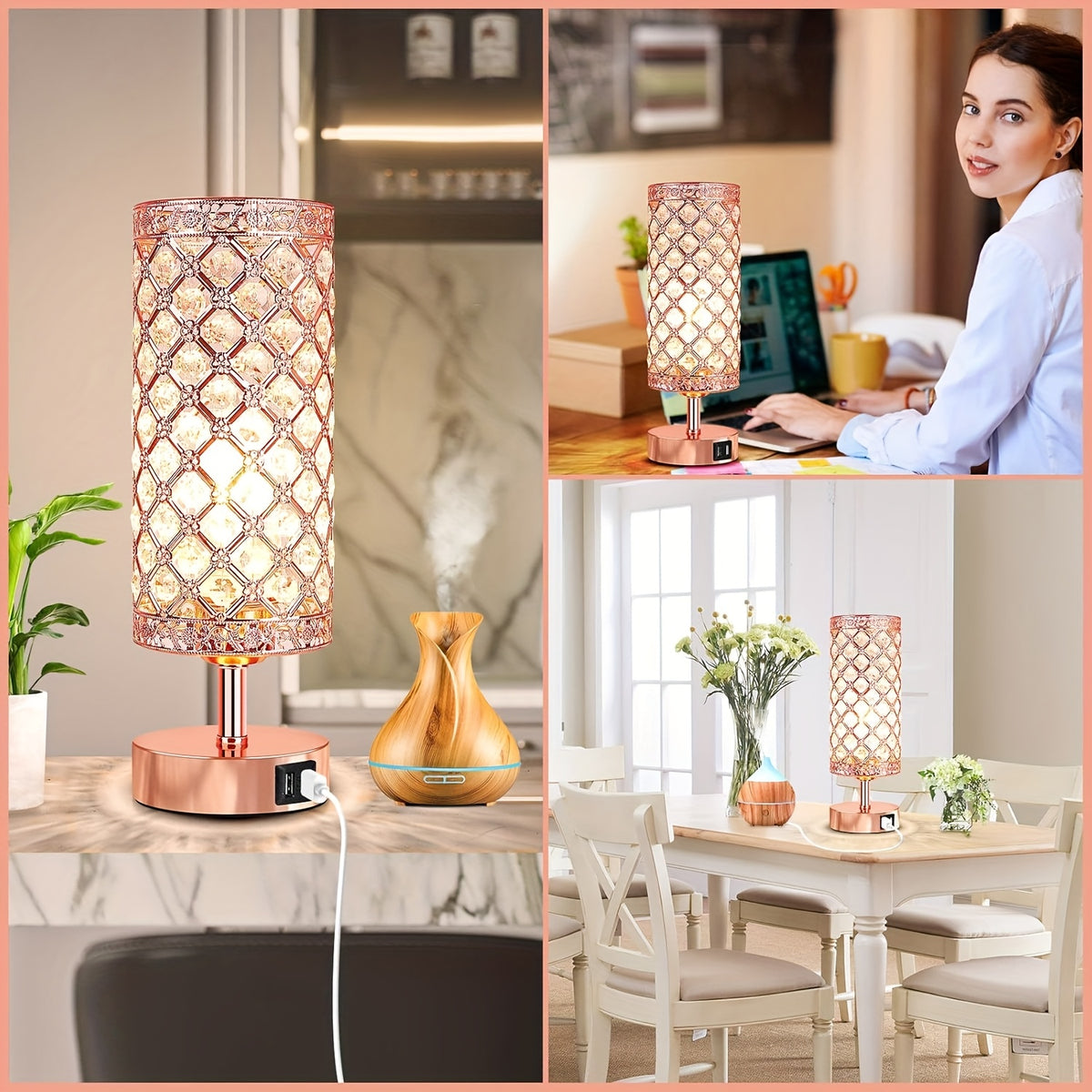 Touch Control Crystal Table Lamps With 2 USB Ports, 3-Way Dimmable Bedside Nightstand Lamps With Decorative Crystal, Small Table Lamps For Bedrooms Living Room, Office, Led Bulb Included