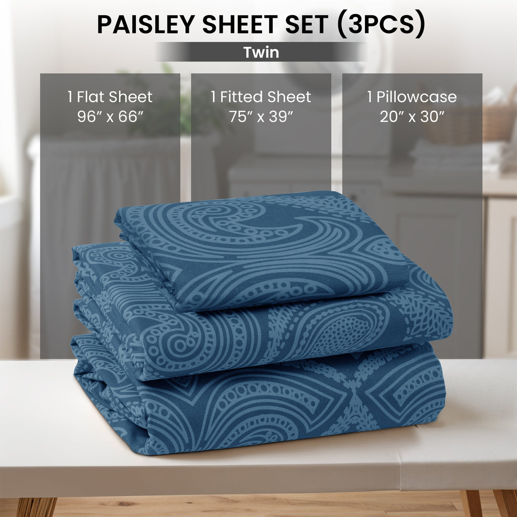 Paisley Bed Sheet Set, Soft Double Brushed Microfiber Bedding with 16-Inch Deep Pocket Fitted Sheet and Pillowcases in Six Sizes for Bedroom Comfort