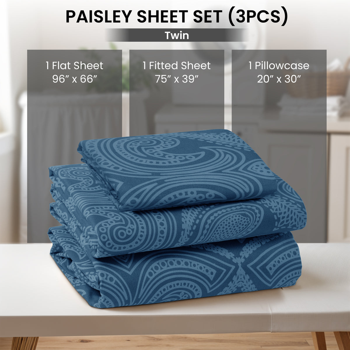 Paisley Bed Sheet Set, Soft Double Brushed Microfiber Bedding with 16-Inch Deep Pocket Fitted Sheet and Pillowcases in Six Sizes for Bedroom Comfort