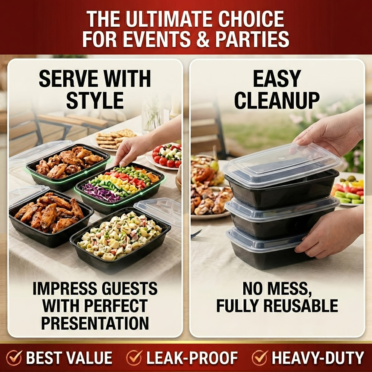 10/100pcs(5/50 Containers+5/50 Lids) 38oz Black Rectangular Meal Prep Containers, Plastic Food Storage Container, Disposable Bento Box, Lunch Box, Kitchen Organizers And Storage Accessories, Microwave & Dishwasher & Freezer Safe, Local Warehouse
