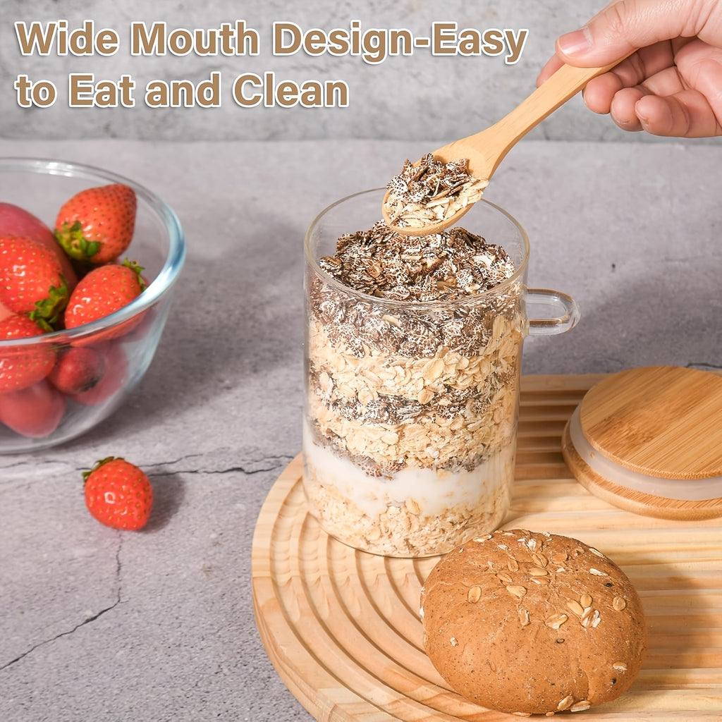 4/6pcs Dessert Bowl, Overnight Oats Containers with Lids, 18oz Overnight Oats Jars with Spoons, Salad Meal Prep Jar with Bamboo Lids for Chia Seed Pudding Salad Cereal Coffee Flour, Sourdough Starter Jar for Bread