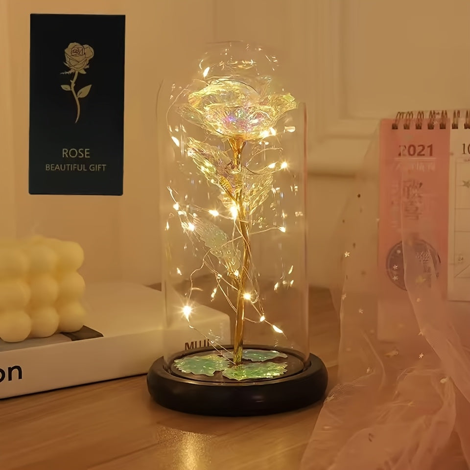 1pc Valentine's Day Gift for Girlfriend, Eternal Rose LED Foil Flower On Glass Cover, Mother's Day Wedding Gift Bridesmaid Gift, Desktop Romantic Decoration