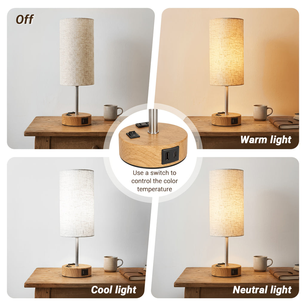 Dimmable Table Lamps with USB Charging Ports And AC Outlet, 3-Way Switch Control Bedside Nightstand Lamps, Wood/Metal Base, Modern Desk Lamps for Bedroom, Living Room, Office, Bulbs Included (1/2 Pack)