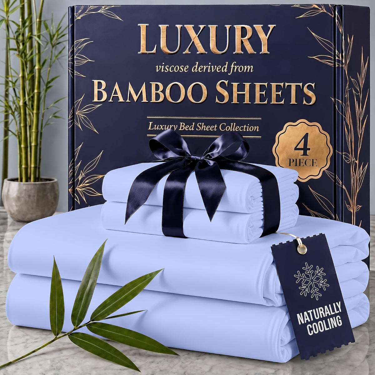 4pcs Cooling Bamboo Blend Sheet Set, Breathable Soft Sheets for Hot Sleepers, 14-Inch Deep Pocket, Twin/Full/Queen/King, Kids Room Decor, Christmas Holiday Home Decor