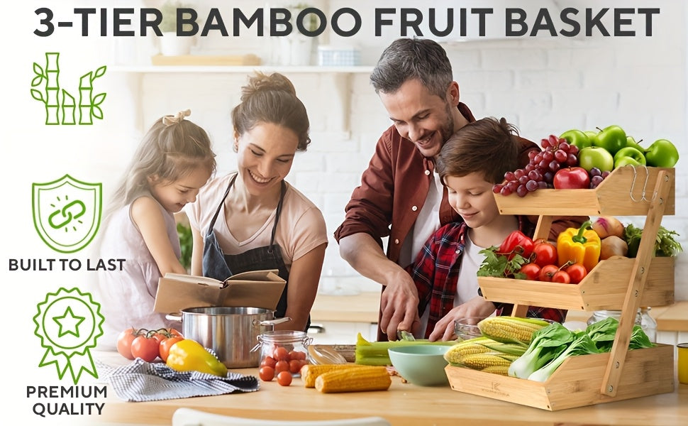 Stackable Bamboo Kitchen Organizer 2 Or 3 Tier Space-Saving Storage Rack for Fruits, Vegetables, Bread & Snacks Multi-Tier Bamboo Storage Basket Compact Stackable Display Tray for Kitchen, Pantry Holds Produce, Bakery & Snacks