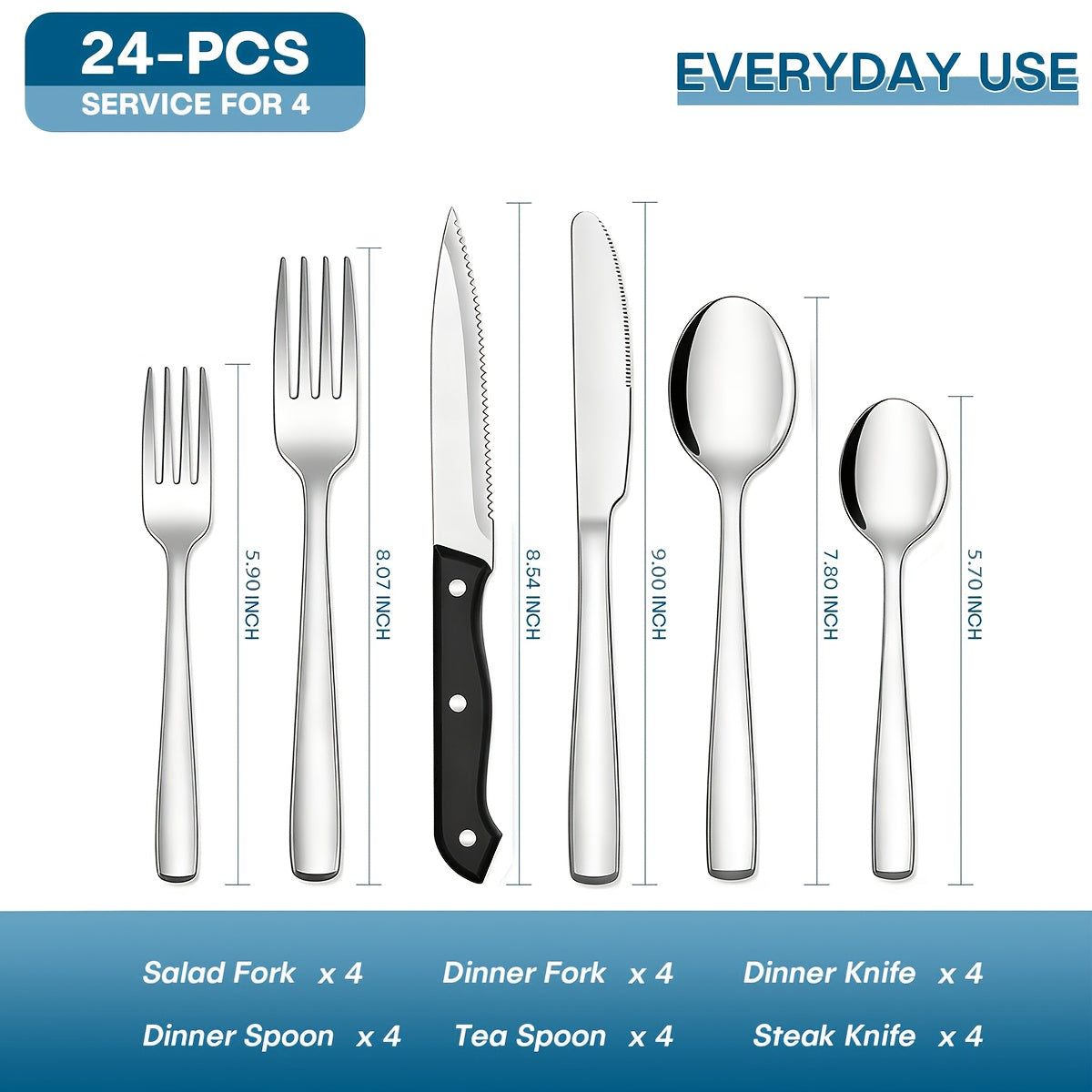 24/60pcs Silvery/Black Stainless Steel Tableware Suitable for 4/12 People to Use, Steak Knife, Salad Fork, Dessert Spoons, Cutlery Set with Gift Box, Kitchen Additions, Home Outdoor, Wedding Camping Stuff, Christmas Party Gift, Dishwasher Safe