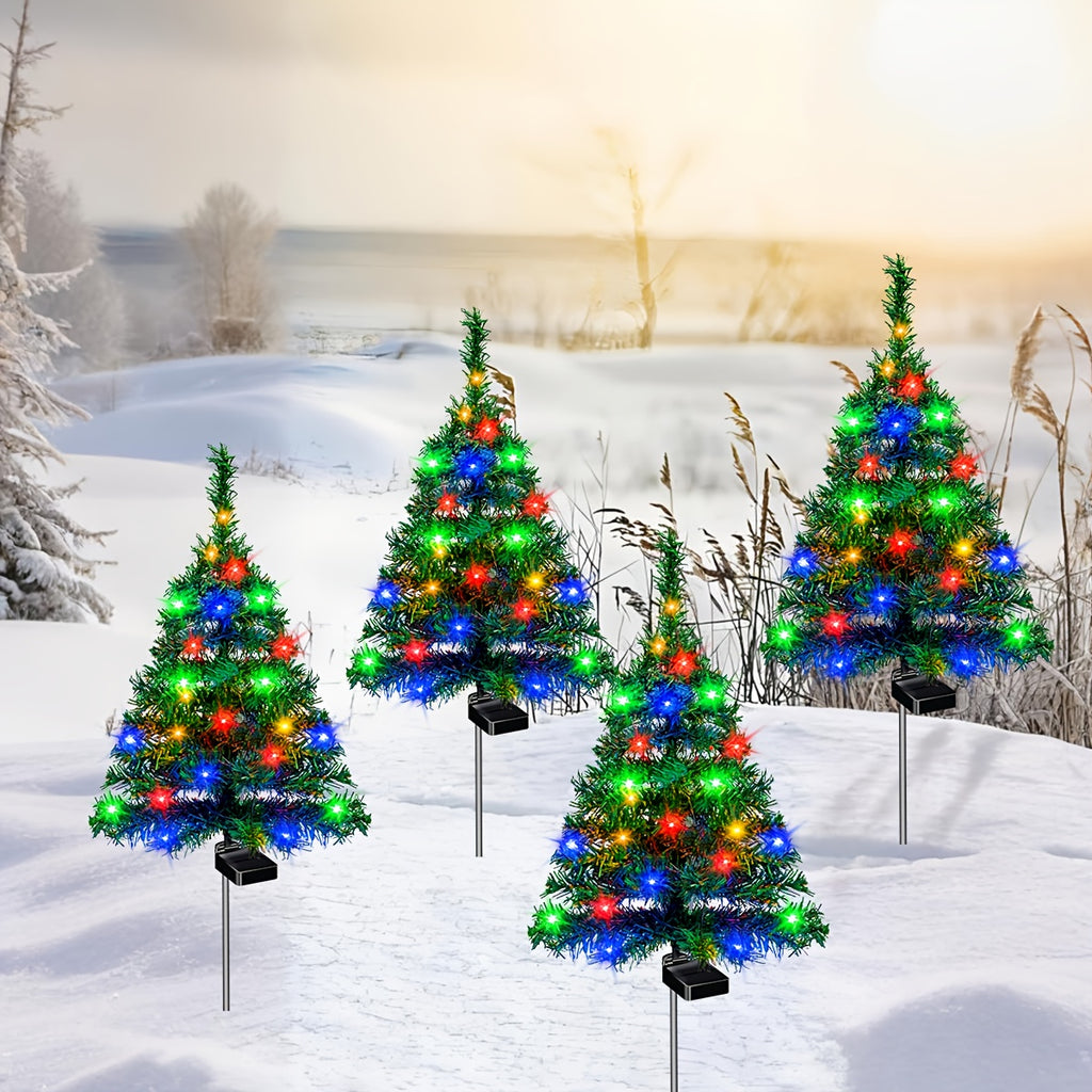 Two Sets Of Solar Christmas Tree Lights Are Used for Outdoor Christmas Decorations. The Solar Pre-lit Small Christmas Trees Are Used for Outdoor Paths, Gardens And Courtyards Decoration.