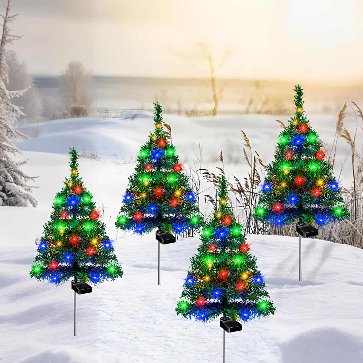 Two Sets Of Solar Christmas Tree Lights Are Used for Outdoor Christmas Decorations. The Solar Pre-lit Small Christmas Trees Are Used for Outdoor Paths, Gardens And Courtyards Decoration.