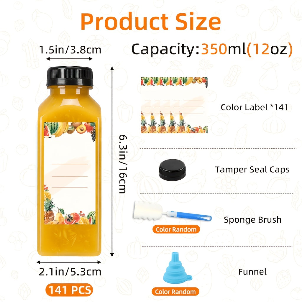 Of 127/140/141/199 Empty Plastic Bottles, Party Cups, with Tamper-Proof Black Caps, 1 Rubber Funnel&1 Sponge Brush(Random Color), 12Oz/16Oz Empty Plastic Juice Bottles with Caps, Bulk Clear Beverage Containers for Juicing, Drinking, Other Beverages