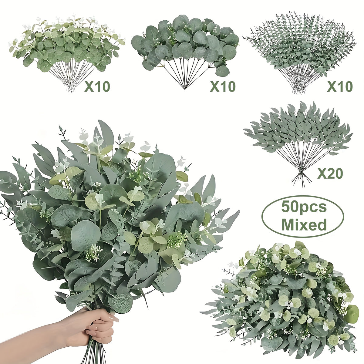 50/100pcs Artificial Eucalyptus Eucalyptus Bouquet And 4 Kinds of Willow Silvery European Leaf Slices | Perfect for Flower Bouquet Making And Home Decoration | Ideal Gift for Christmas And Mother'S Day