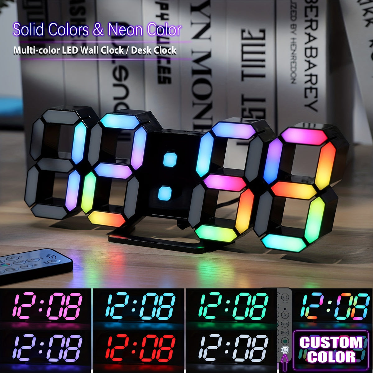 1pc RGB Neon LED Clock 9. 7" Digital Wall Clock Large Display Aesthetic Alarm Clock for Bedroom Living Room, Colorful, Remote Control, Adjustable Brightness, Date/Temperature