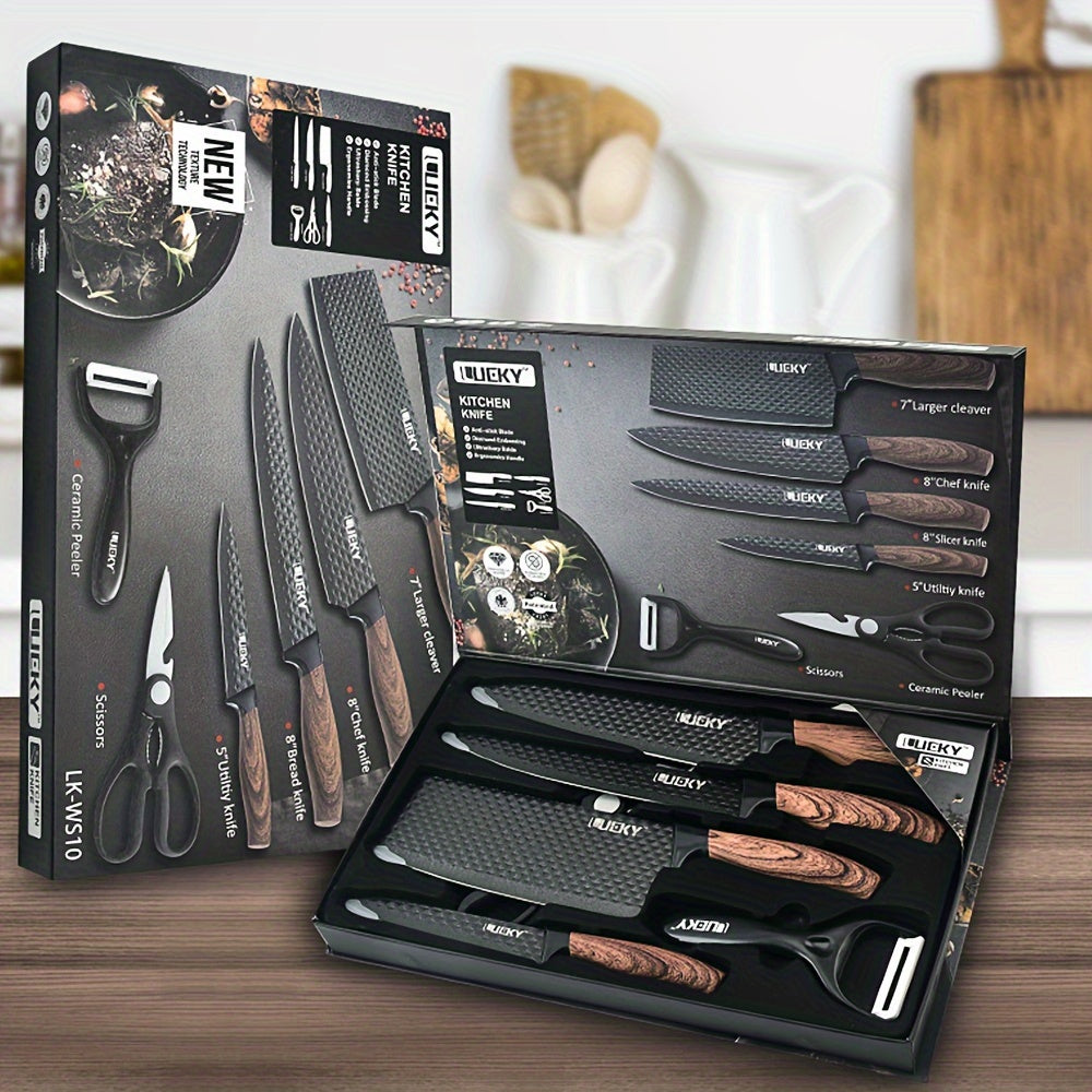 Professional 6/7/8 Kitchen Knife Set, Chef's Knife, Slicing Knife, Scraper And Scissors, High Carbon Stainless Steel Super Sharp, with Anti-stick Ergonomic Wooden Handle, Chef's Knife Set, Suitable for Family Travel, Gift Box Set