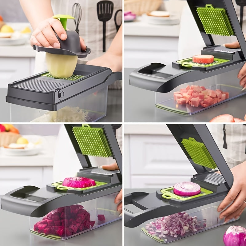 14-in-1 Multifunctional Vegetable Chopper with Large Capacity Collector | Stainless Steel Blades, Manual Operation, Includes Egg Separator, Easy to Clean, Ideal for Dicing, Slicing, and Grating Vegetables and Fruits