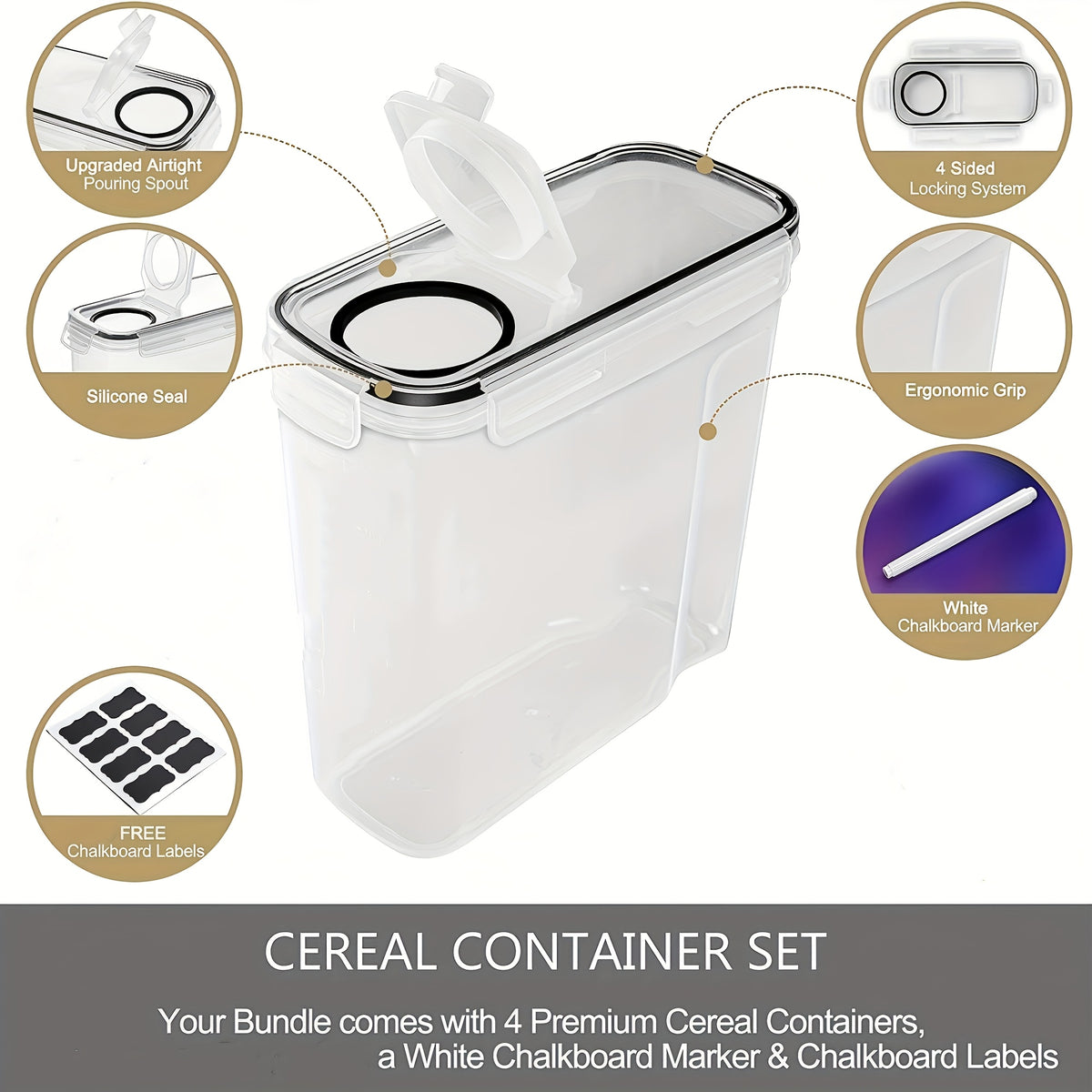 4 Pack (4L/135oz) Extra Large Airtight Storage Containers | BPA-Free Plastic, Clip-on Closure, Square Shape, Dishwasher Safe, Ideal for Grain, Nuts, Rice Storage, Kitchen Organizers, Christmas Gift