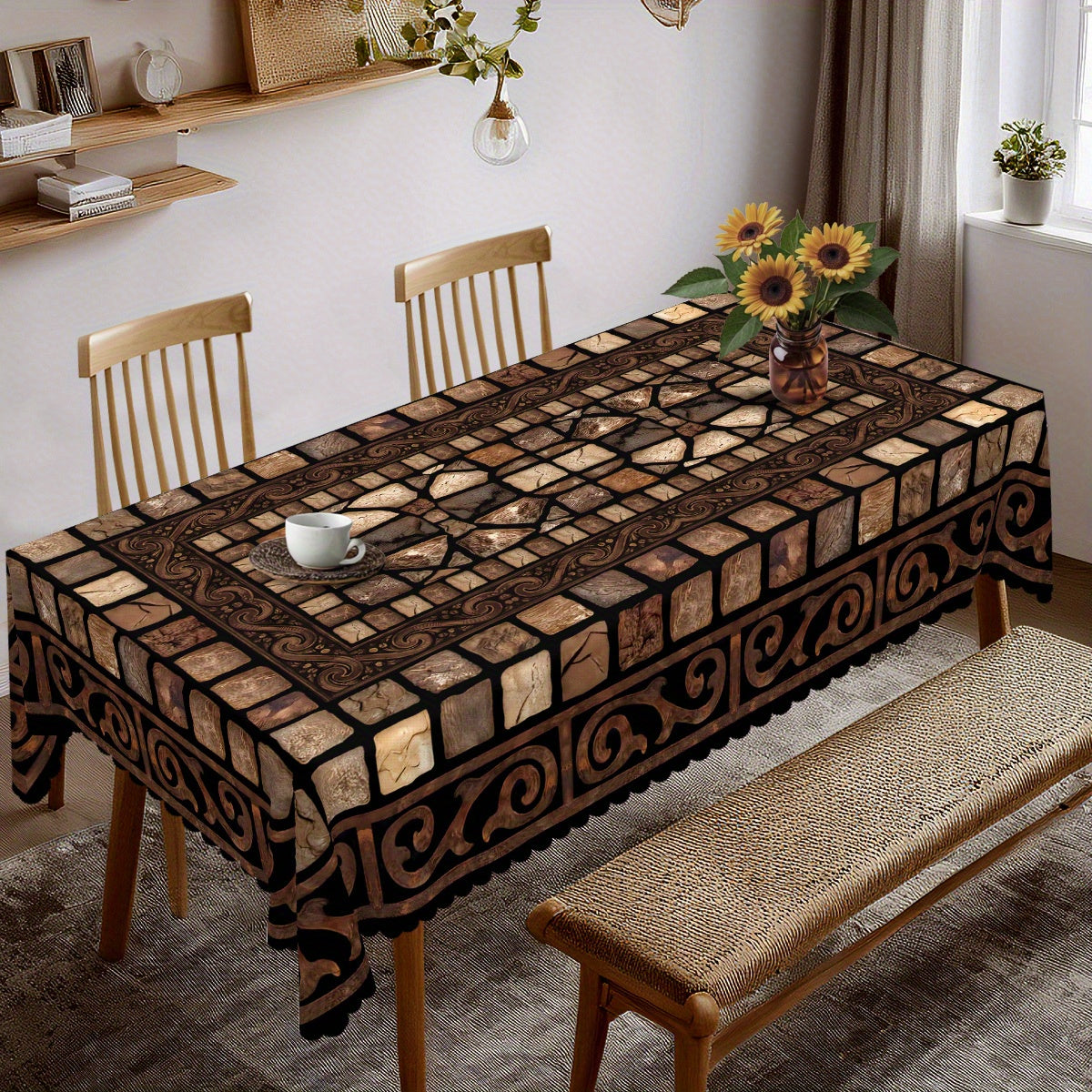 Vintage Stone Pattern Tablecloth, Brown with Ornate Floral Design, Polyester, Rectangular, Machine, Perfect for Traditional and Rustic Home Decor, Dining Table and Indoor Decoration, Multiple Sizes Available