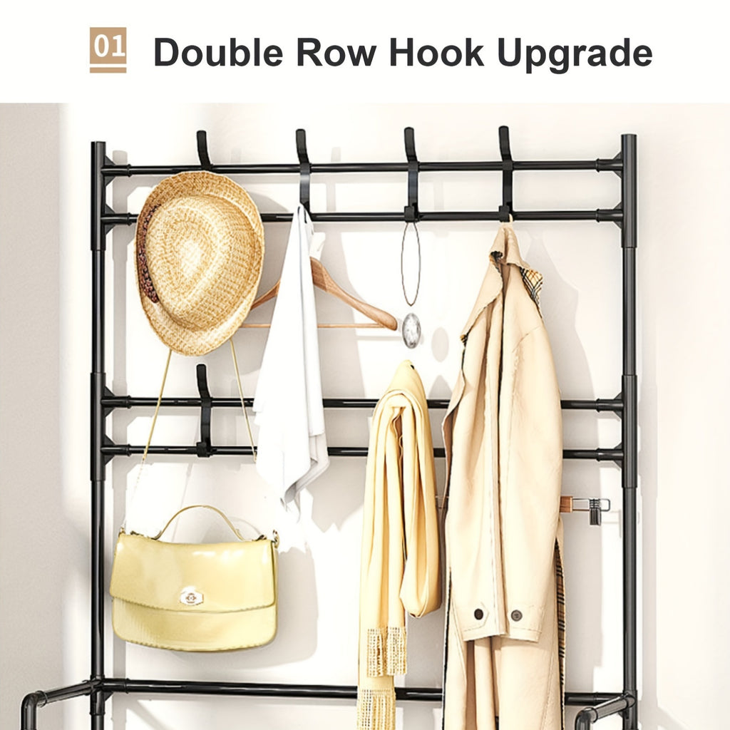 Multifunctional 5-Tier to 3-Tier Shoe Rack, Freestanding Shoe Organizer, Shoe Storage And Organizer, Shelves, with Multi-Layer Storage And 8pcs Double Hooks, Suitable for Living Room, Bedroom, Entrance
