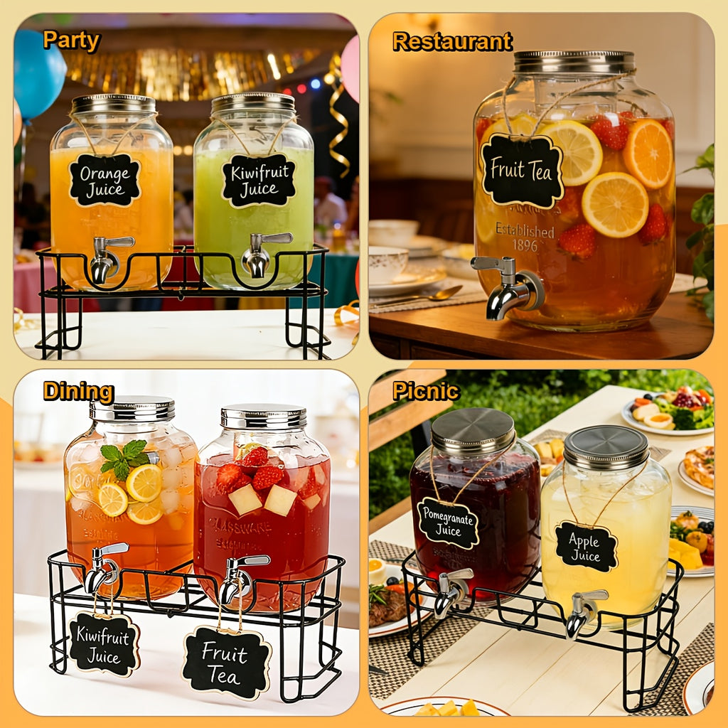 2-Pack 1 Gallon Glass Drink Dispensers for Parties, Beverage Dispenser, Glass Drink Dispenser with Fruit Infuser And Stand And Stainless Steel Spigot, Lemonade Dispenser with Ice Cylinder for BBQ, Picnic, Party, Weddings, And Events