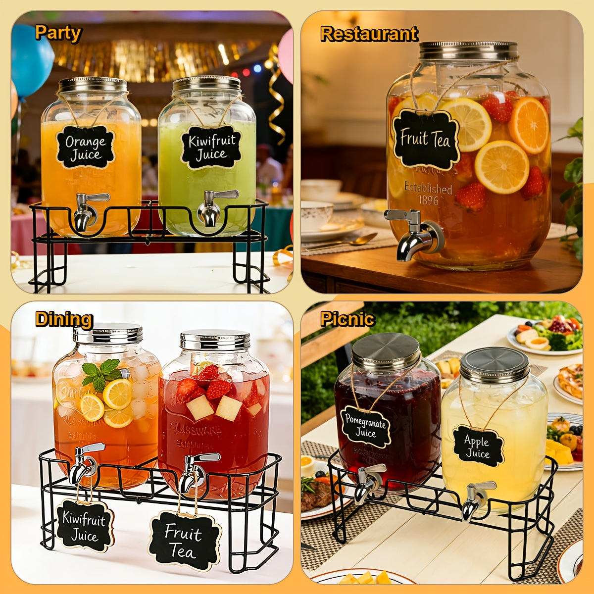 2-Pack 1 Gallon Glass Drink Dispensers for Parties, Beverage Dispenser, Glass Drink Dispenser with Fruit Infuser And Stand And Stainless Steel Spigot, Lemonade Dispenser with Ice Cylinder for BBQ, Picnic, Party, Weddings, And Events