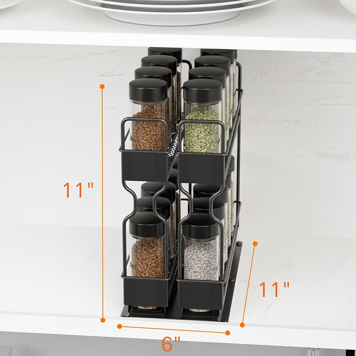 2-Tier Spice Rack Organizer For Cabinets, Heavy Duty Slide Out Design With Labels, 5.2" W X 10.75" D X 10" H, No Jars