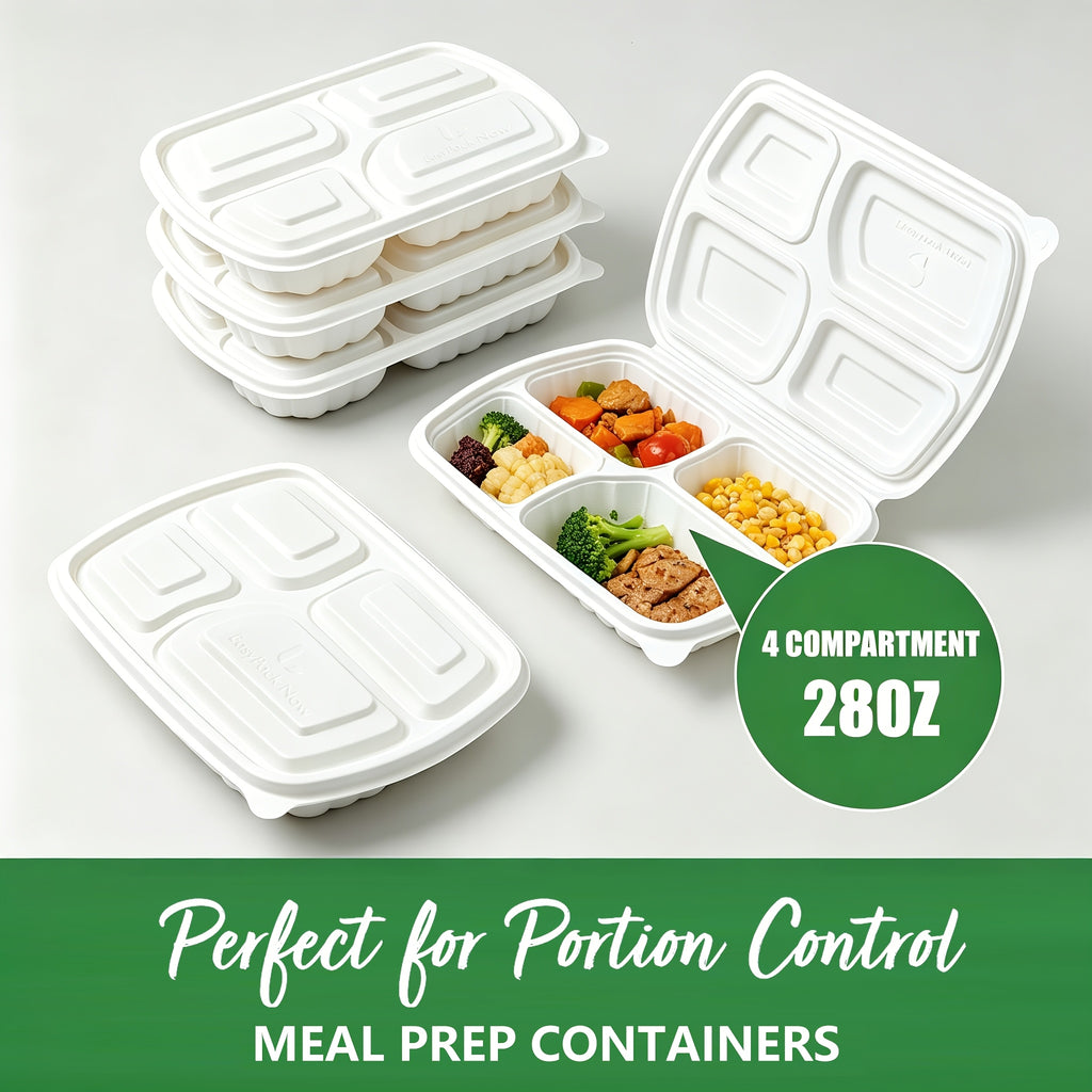 50-Pack 4-Compartment White Clamshell Meal Prep Containers, Disposable Bento Box, Food Storage Container, Bpa-Free, Stackable, Portion Control, Freezer/Microwave Safe, Great for Labor Day, Picnics, Parties & Outdoor Events, Local Warehouse