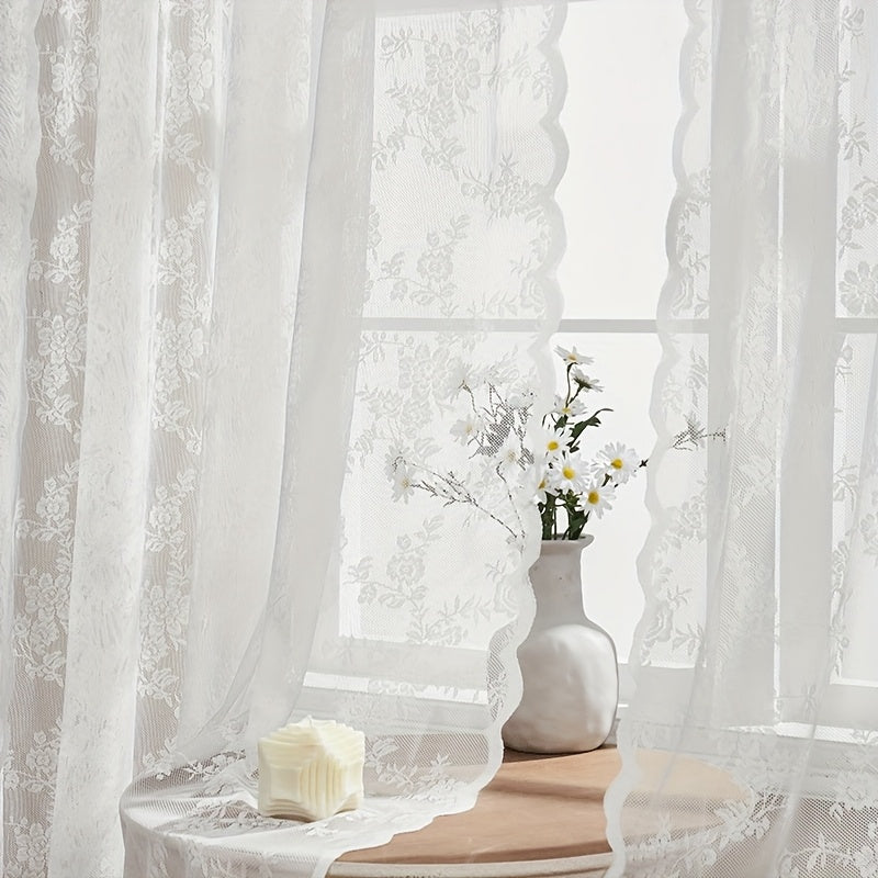 Set of Two White Lace Curtains with Floral Designs, Featuring a Bohemian Style And Semi-Transparent Fabric That Filters Sunlight. Suitable for All Seasons