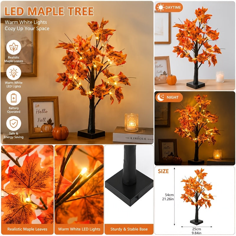 2pcs Thanksgiving & Autumn Table Lamps, 21.26 Inch Tree Lights Decorated with Fall Maple Leaves, Artificial Decor Trees with 24 Battery-Powered LEDs, Ideal for Indoor Spaces, Home Rooms, Balconies, Holiday Events And Halloween Parties