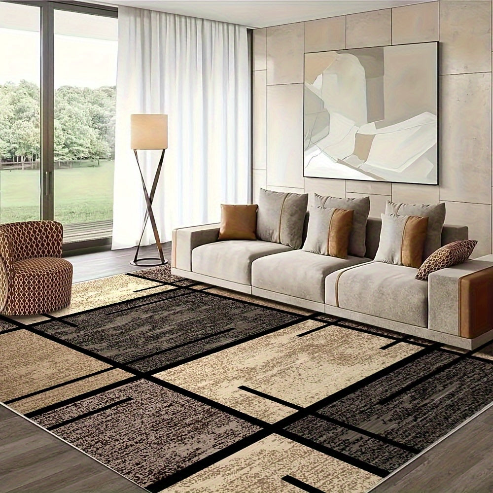 Luxury Velvet Area Mat - Premium Machine Washable, Fade-Resistant Polyester Mat for Living Room, Bedroom, Office, And Outdoor Decor - Rectangle, Lightweight, And Easy to Clean - 850 GSM, Beige And Brown Geometric Pattern, Comfortable Bedroom Mat