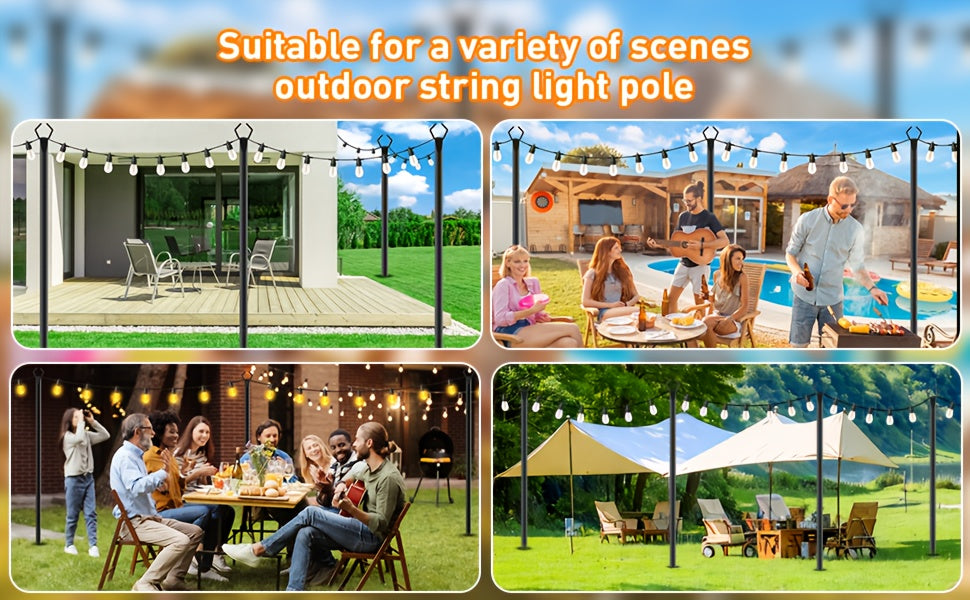 4 Pack 11.1FT String Light Poles With Metal Ground Stake, Heavy Duty Rustproof Metal Light Stand For Outdoor Garden Backyard Deck, Fall Autumn Harvest & Halloween Party Decor, Perfect For Wedding, Patio, Outside Holiday String Lights Support Poles