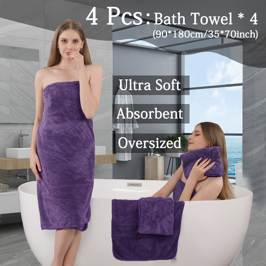 4pcs Oversized Bath Towel Set in Sleek Blue - Ultra Soft, Highly Absorbent, Quick-Dry Microfiber with Diamond Pattern - Includes 4 Bath Towels, and Matching Beach Chair Cover - Ideal for for Bathroom Hotels Gym, Valentine's Day Gift, Wash Cloths