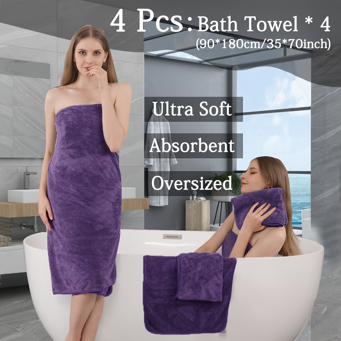 4pcs Oversized Bath Towel Set in Sleek Blue - Ultra Soft, Highly Absorbent, Quick-Dry Microfiber with Diamond Pattern - Includes 4 Bath Towels, and Matching Beach Chair Cover - Ideal for for Bathroom Hotels Gym, Valentine's Day Gift, Wash Cloths