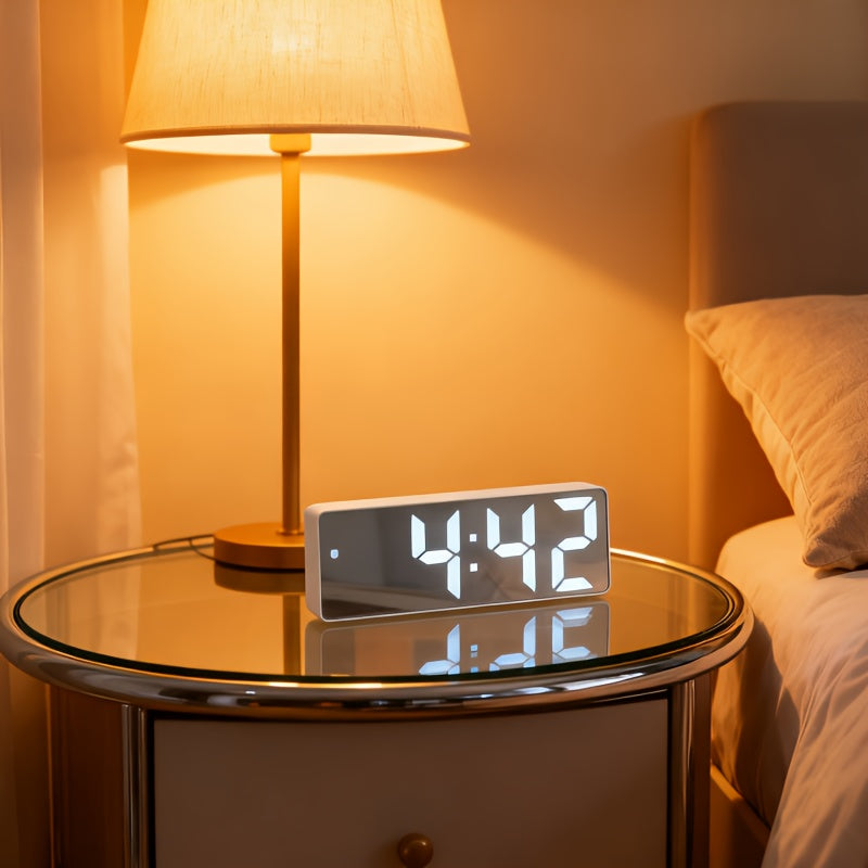 Contemporary LED Desk Clock with Temperature Display Brightness Adjustment Night Modes Snoozes Functions 12/24Hour Mode LED Electronic Clock for Bedroom