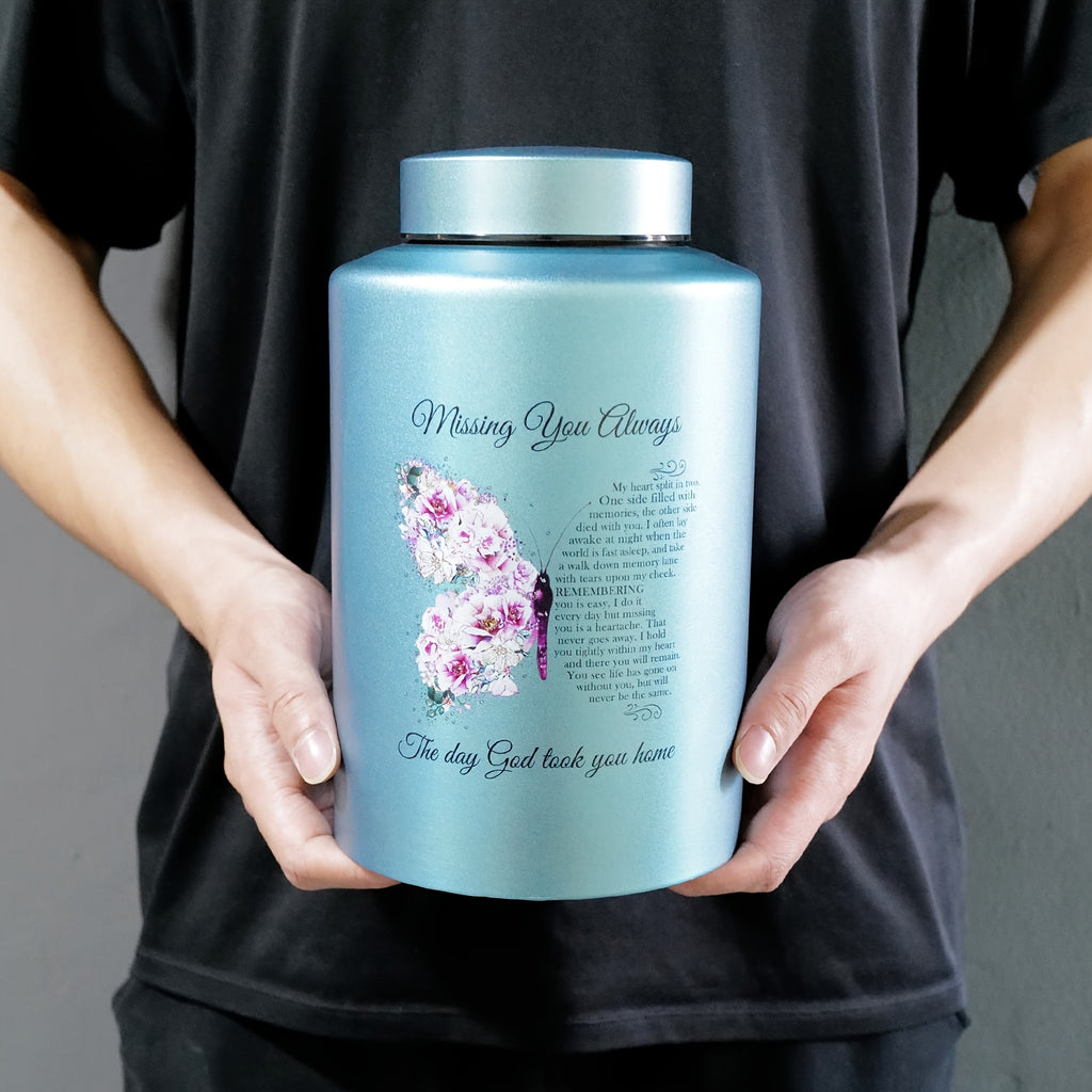 Large Stainless Steel Cremation Urn for Adult Ashes - Holds Up to 220 lbs, Decorative Butterfly Design with Velvet Pouch, Screw Lid & Seal Ring for Secure Storage, Memorial Keepsake | Elegant Text Design | Velvet Pouch Included