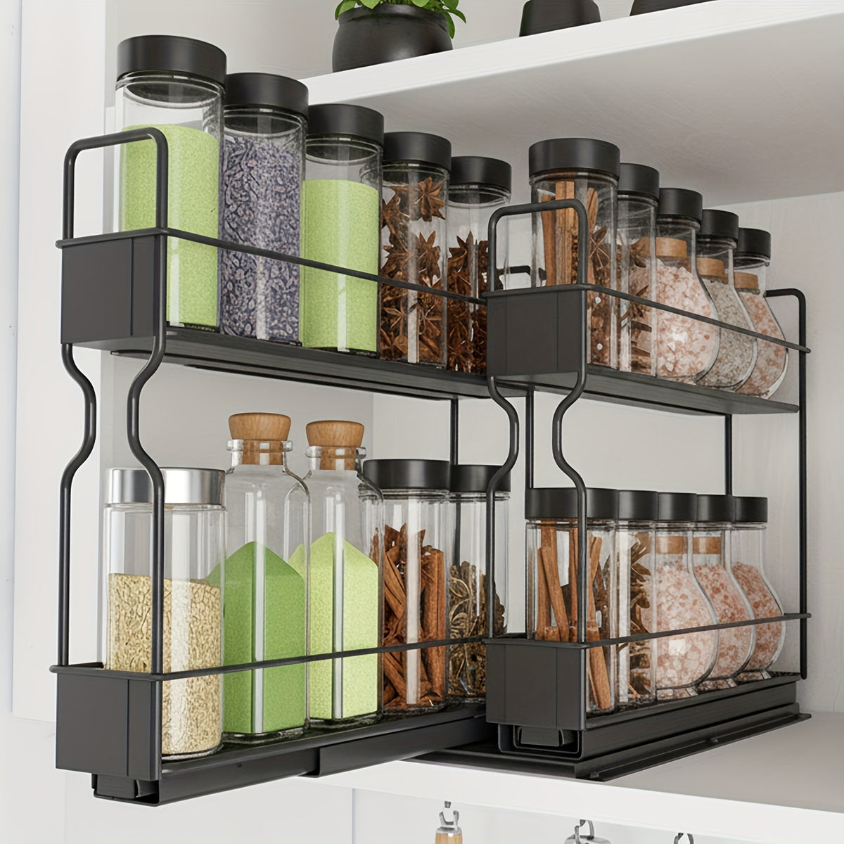 2-Tier Spice Rack Organizer For Cabinets, Heavy Duty Slide Out Design With Labels, 5.2" W X 10.75" D X 10" H, No Jars