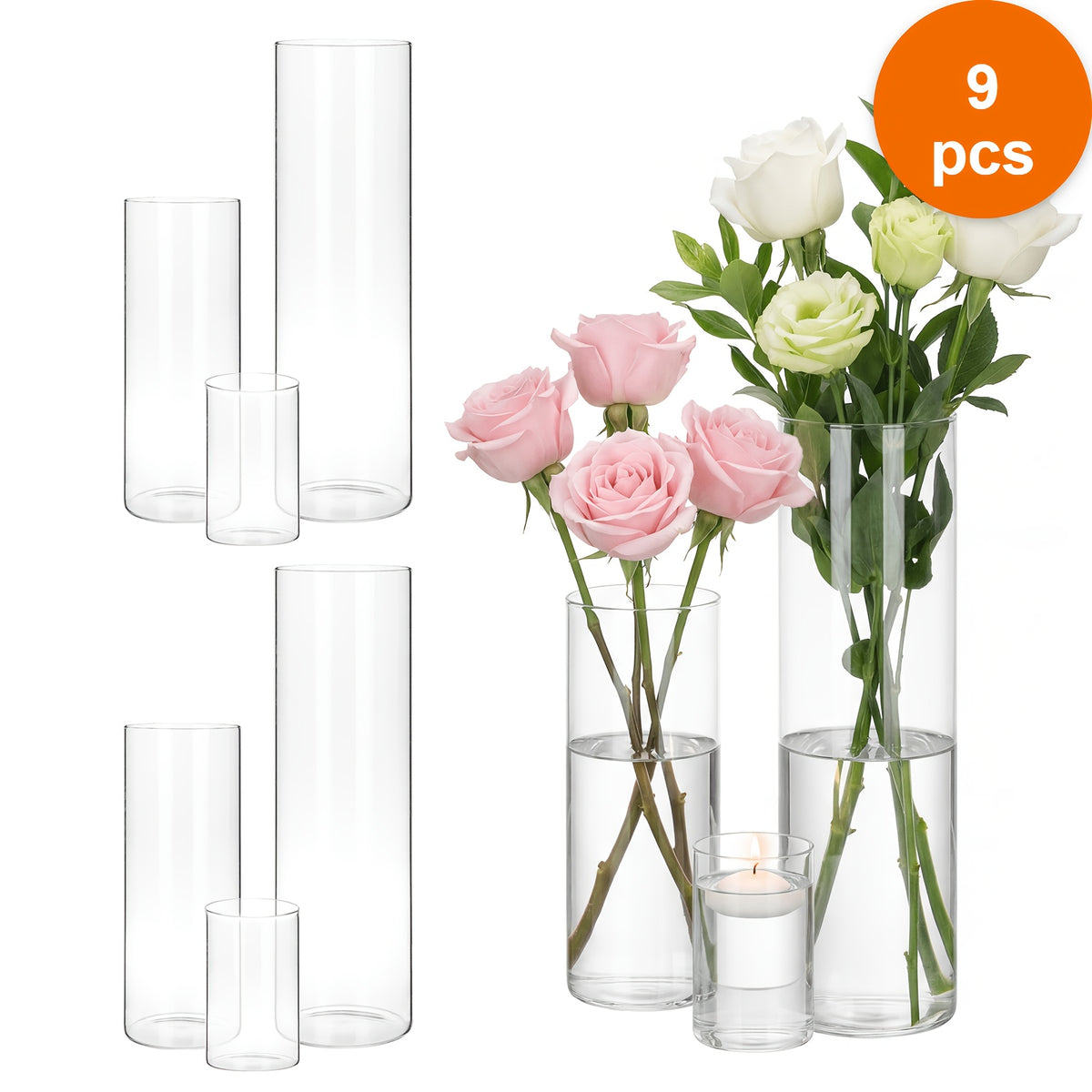 9/15/18/36/45pcs Set of Transparent Glass Cylinder/Square Vases, 4", 8", 12" Height, Assorted Sizes Glass Vases, Tall Glass Vases, Wedding Table Centerpieces, Party Table Centerpieces, Hurricane Floating Candle Holder Vases, Desktop Shelves