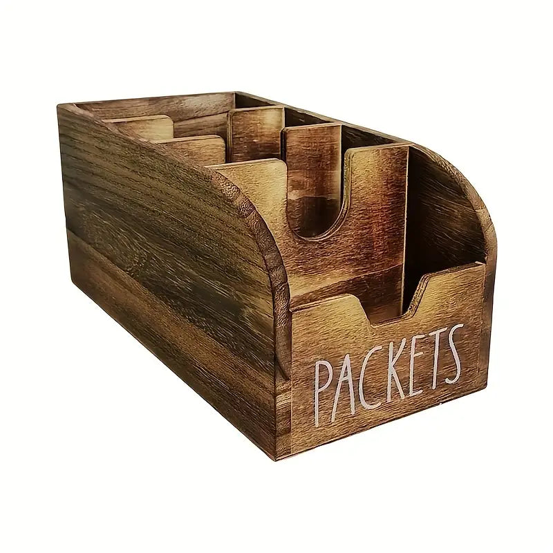 Divided Wooden Spice Box, Vintage Rustic Packet Organizer in Black or Brown with Single and 2-Piece Options for Kitchen Counters and Packaged Snacks