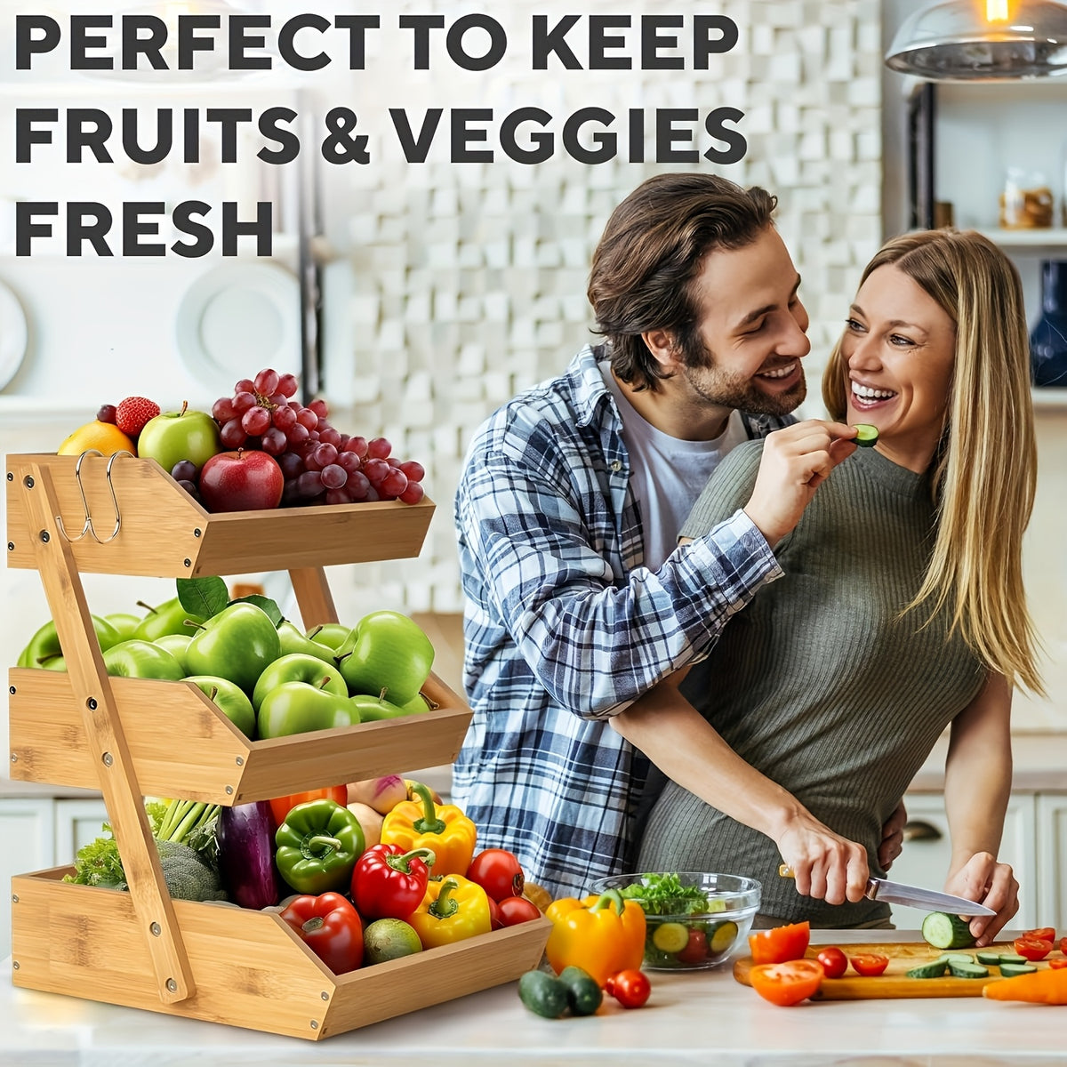 Stackable Bamboo Kitchen Organizer 2 Or 3 Tier Space-Saving Storage Rack for Fruits, Vegetables, Bread & Snacks Multi-Tier Bamboo Storage Basket Compact Stackable Display Tray for Kitchen, Pantry Holds Produce, Bakery & Snacks