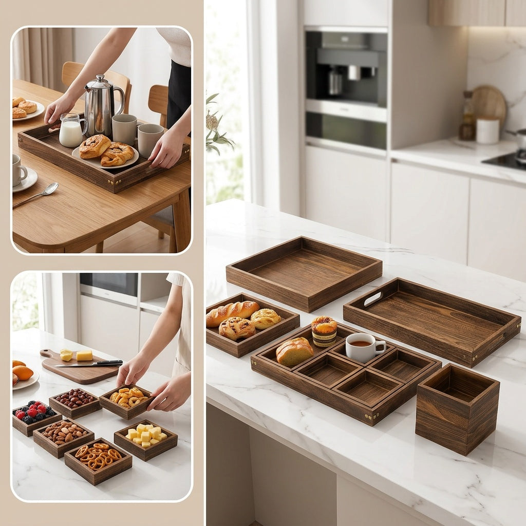 Rustic Serving Tray Set of 7, Rectangular Trays with Handled Large Tray for Tea, Coffee, Snack Displays and Vintage Kitchen or Living Room Styling