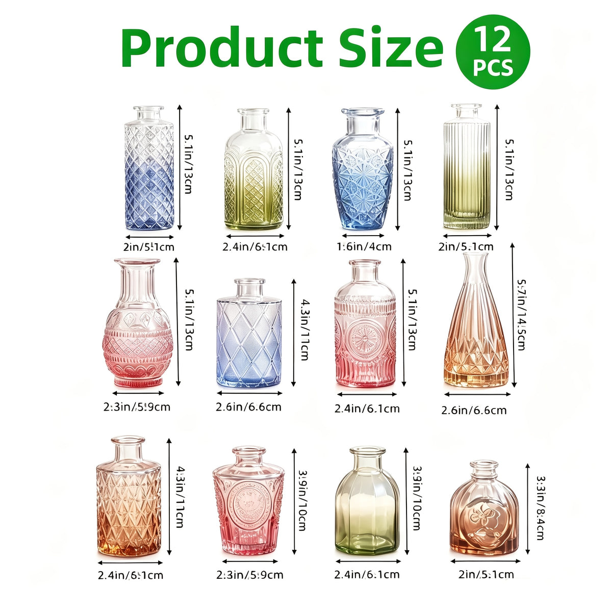 TOMNK 12pcs Glass Bud Vase Set in Bulk, Gradual Muti Colours Relief Vase for Centerpieces, Mini Vintage Glass Flower Vases for Wedding Home Table Party Decor